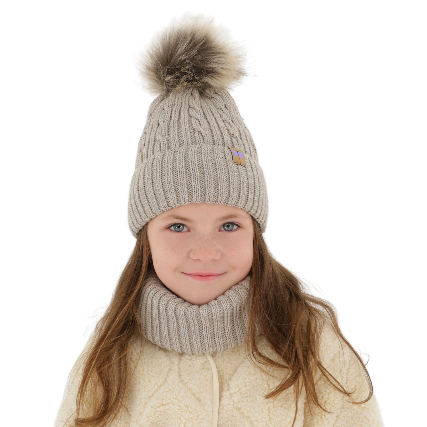Meisjes winter set muts en buissjaal, zwart, met garen pompon, met merinowol, Aprilia