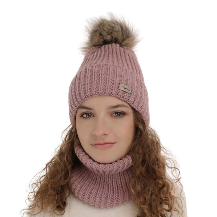 Meisjes winter set muts en buissjaal, Wrzosowy, met garen pompon, Willow