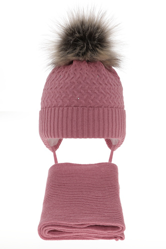 Meisjes winter set muts en sjaal, roze, met garen pompon, Zelta