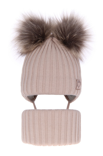 Meisjes winter set muts en buissjaal, beige, met twee pompons garen, met bindkoorden, Telisa