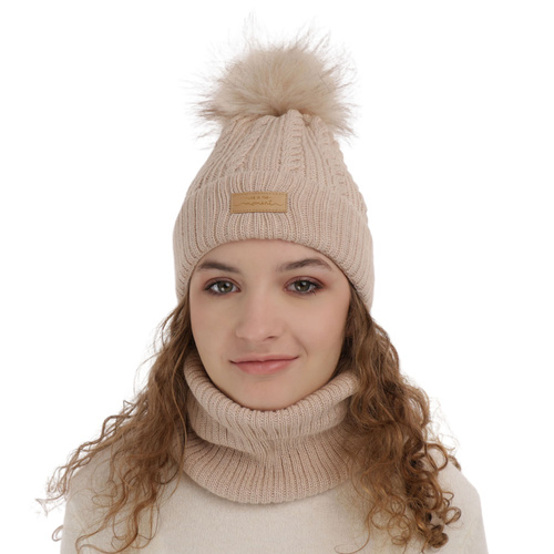 Meisjes winter set muts en buissjaal, beige, Met garen pompon, Alika