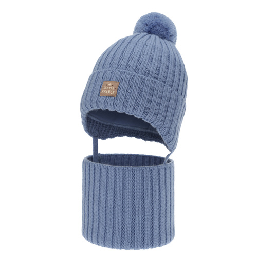 Poikien talvisetti: pipo ja putkihuivi, talvi, sininen, 100% Merinovilla, puuvillavuorilla, nauhoilla, Masil