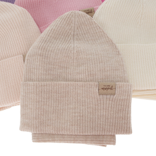 Tyttöjen syys/kevät setti: pipo ja putkihuivi, beige, 100% Merinovilla, Magenta