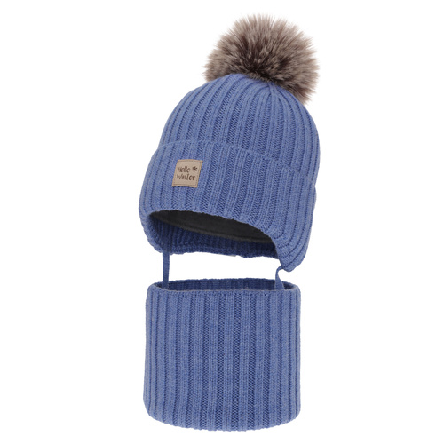 Jongens winter set, blauw, 100% Merino Wol, gevoerd met wolpolair, Met bindkoorden, Morti