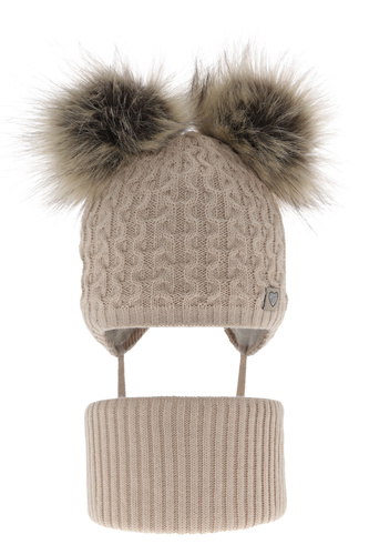 Meisjes winter set muts en buissjaal, beige, met twee pompons, met bindkoorden, Poliana