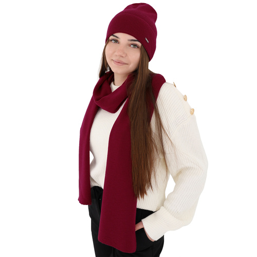 Dames winter set muts en sjaal, bordoux, 100% Merino Wol, Melpomena