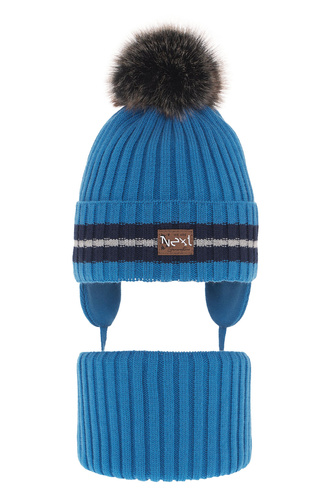 Jongens winter set muts en buissjaal, blauw, met garen pompon, Echo
