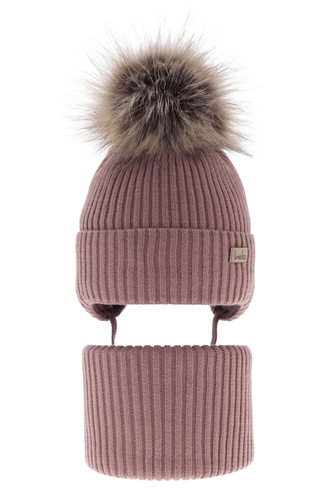 Meisjes winter set muts en buissjaal, Paars, Met bindkoorden, Met garen pompon, Bria