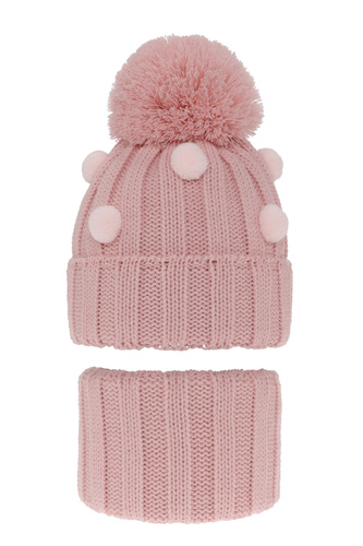 Meisjes winter set muts en buissjaal, roze, met garen pompon, Hekate