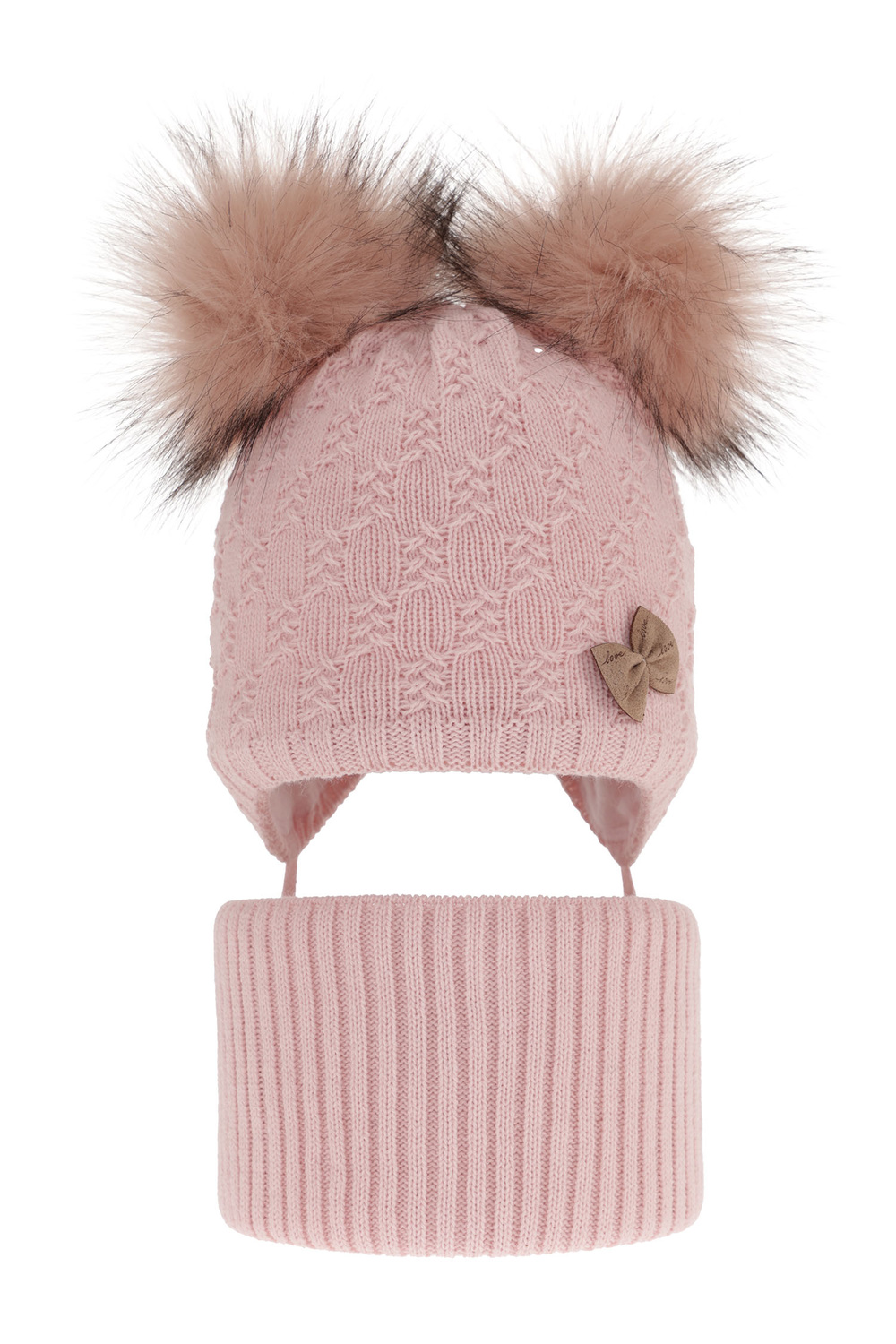 Meisjes winter set muts en buissjaal, roze, met twee pompons garen, met bindkoorden, Bettina