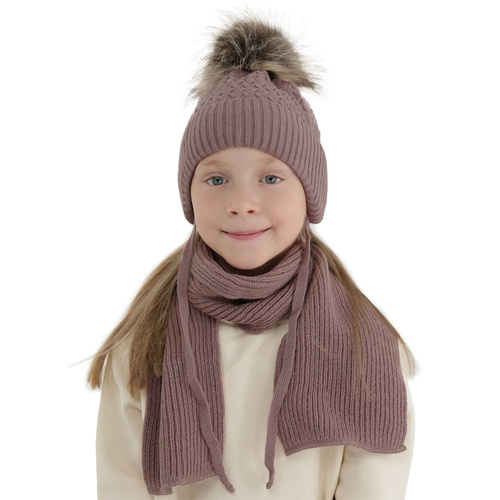Meisjes winter set muts en sjaal, paars, met garen pompon, met bindkoorden, Zelta