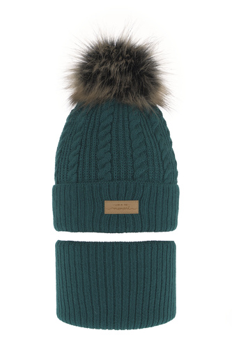 Meisjes winter set muts en buissjaal, szmaragdowy, met garen pompon, Alika