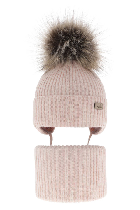 Meisjes winter set muts en buisjaal, vaaleanpunainen, met garen pompon, met bindkoorden, Bria