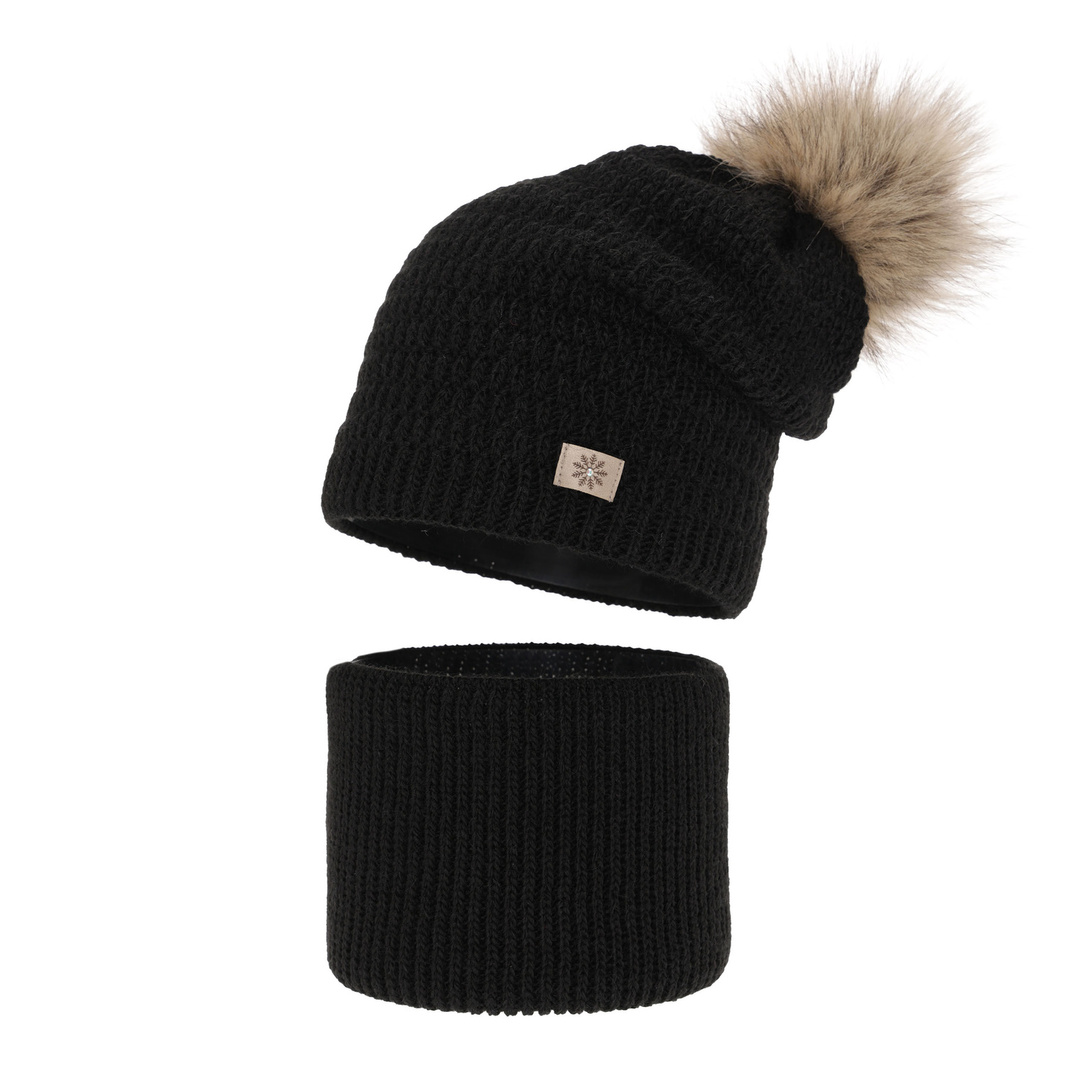 Meisjes winter set muts en buissjaal, zwart, met garen pompon, Germina