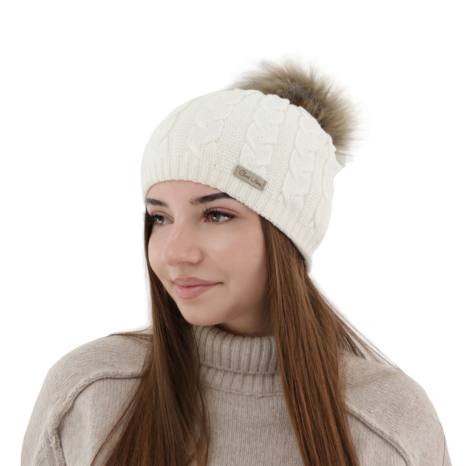Dames wintermuts, donker beige, met merinowol, Bafi