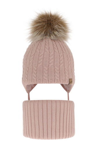 Meisjes winter set muts en sjaal, roze, met garen pompon, Loreley