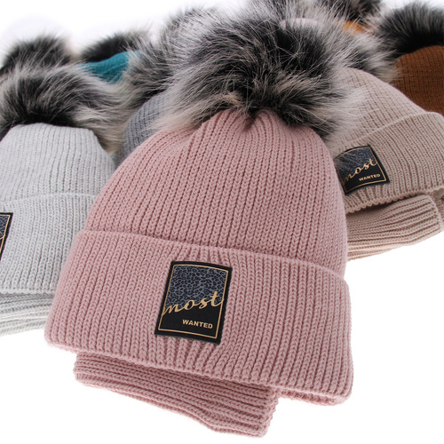 Meisjes winter set, bruin, met garen pompon, Sycylia