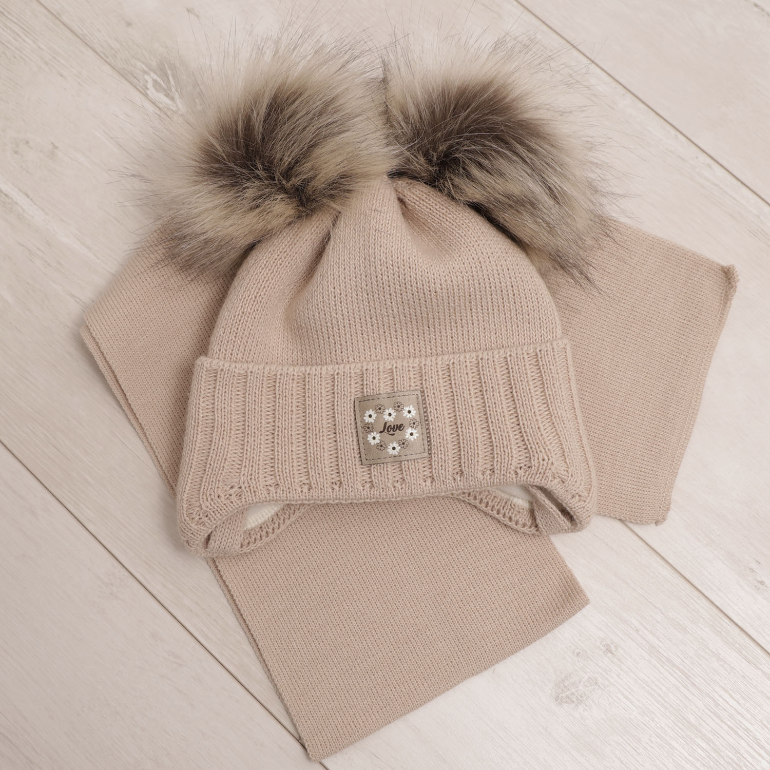 Meisjes winter set muts en sjaal, grijs, met twee pompons, Jazz