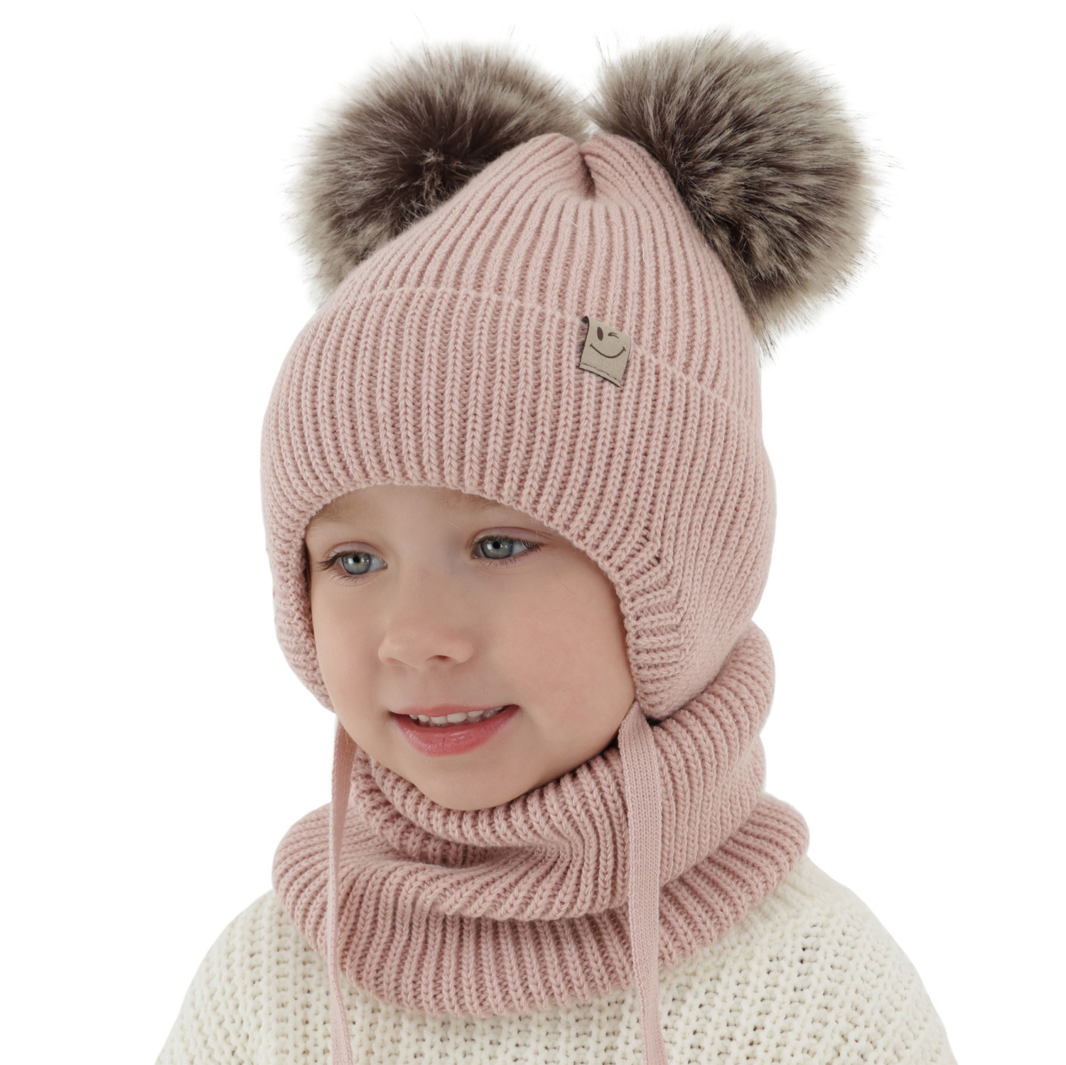 Meisjes winter set muts en buissjaal, kremowy, met twee pompons garen, met bindkoorden, Zori