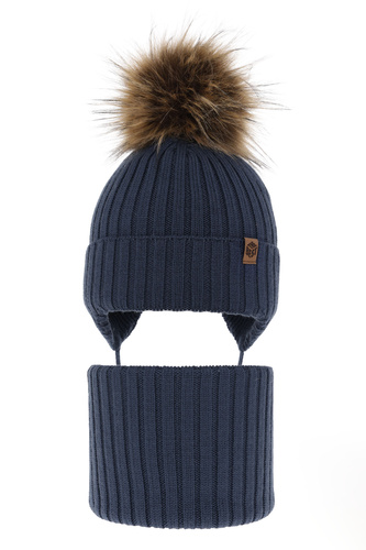 Jongens winter set, blauw, met bindkoorden, 100% Merino Wol, Juno