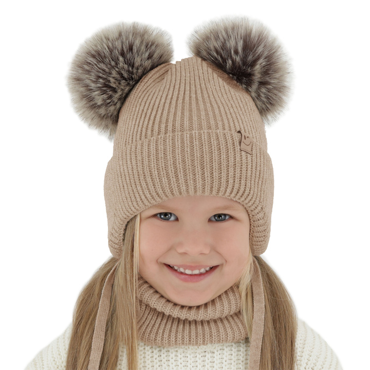 Meisjes winter set (muts en buissjaal), beige, met twee pompons garen, met bindkoorden, Zori