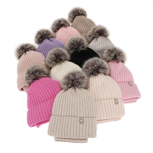 Tyttöjen talvisetti: pipo ja putkihuivi, talvi, beige, 100% merinovilla, puuvillavuorilla, tupsulla, Terida