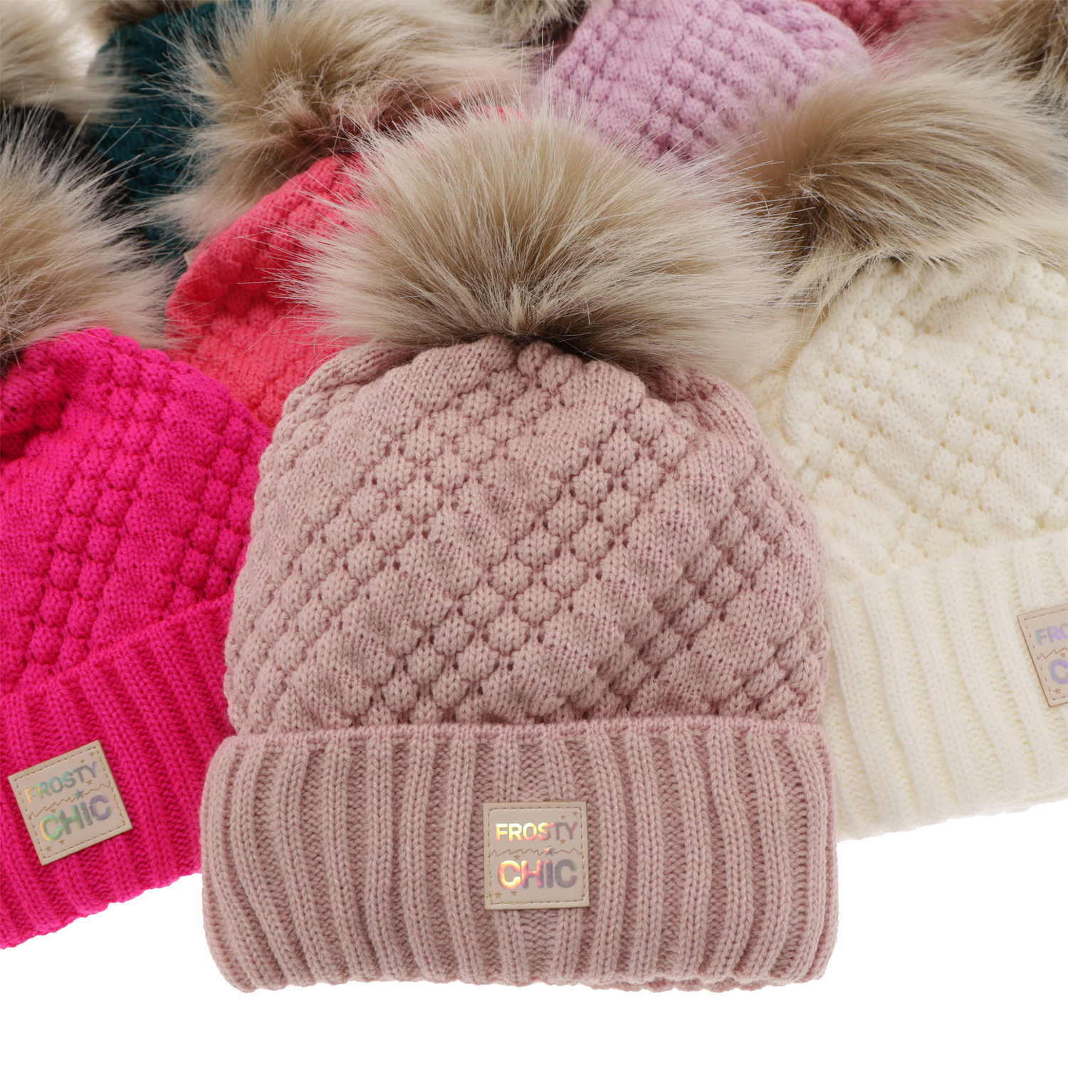 Meisjes winter set muts en buissjaal, beige, met garen pompon, Alena