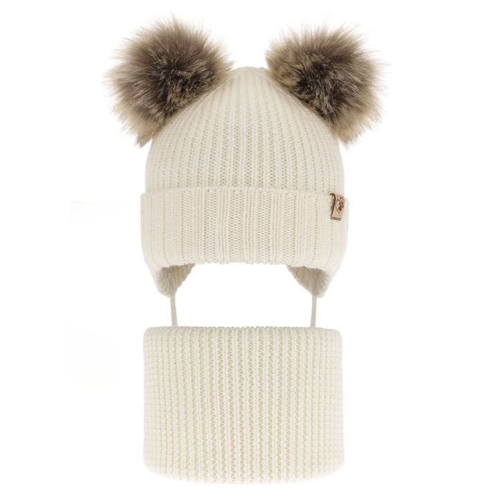Meisjes winter set muts en buissjaal, kremowy, 100% Merino Wol, met bindkoorden, met twee pompons, Silvia