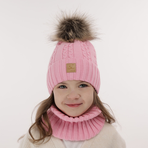 Meisjes winter set muts en buissjaal, lila, met garen pompon, Alexia