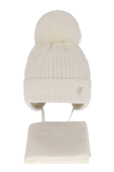 Meisjes winter set muts en sjaal, creme, met bindkoorden, met garen pompon, Marisa