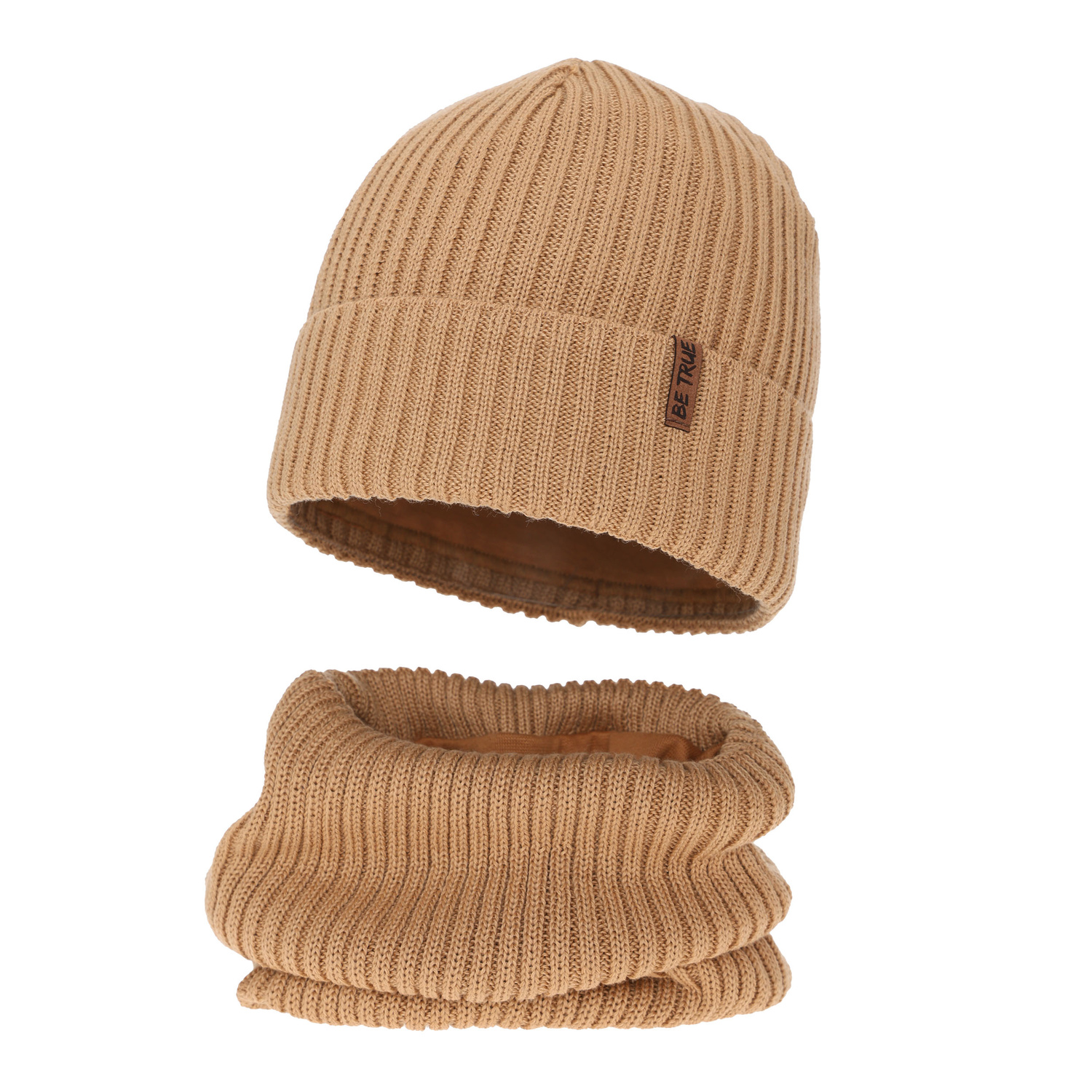 Poikien talvisetti (pipo ja putkihuivi), camel, fleecevuorilla, merinovillalla, Colton