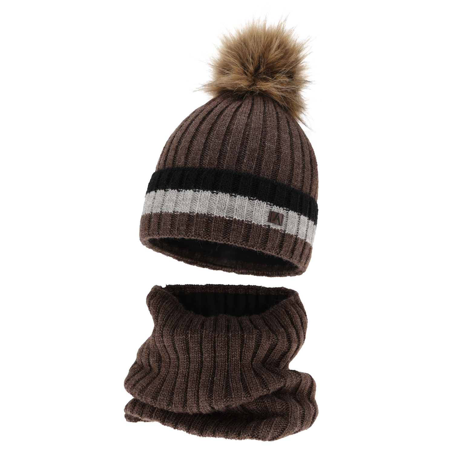 Jongens winter set muts en sjaal, bruin, met garen pompon, gevoerd met katoen, Beno