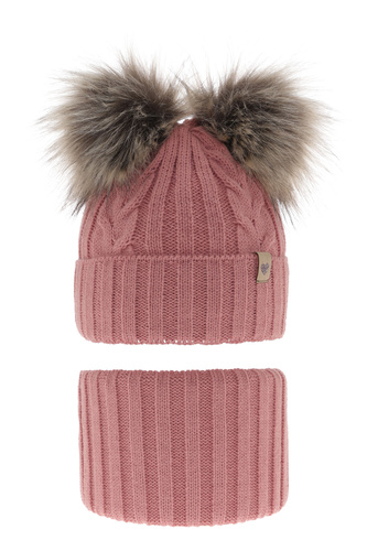 Meisjes winter set muts en buissjaal, roze, met twee pompons, Amala