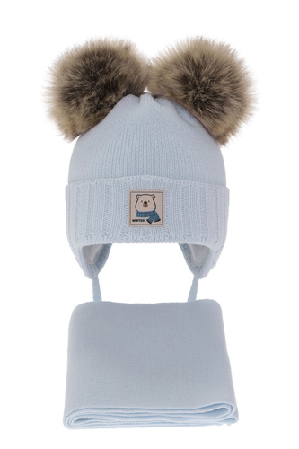 Jongens winter set muts en sjaal, blauw, met twee pompons garen, met bindkoorden, Jewel