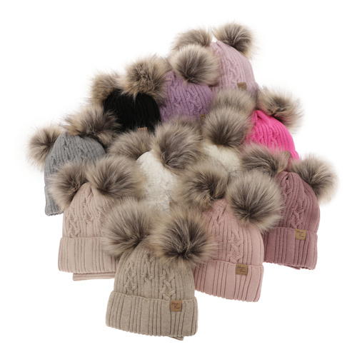 Meisjes winter set muts en buissjaal, paars, met twee pompons garen, Sierra