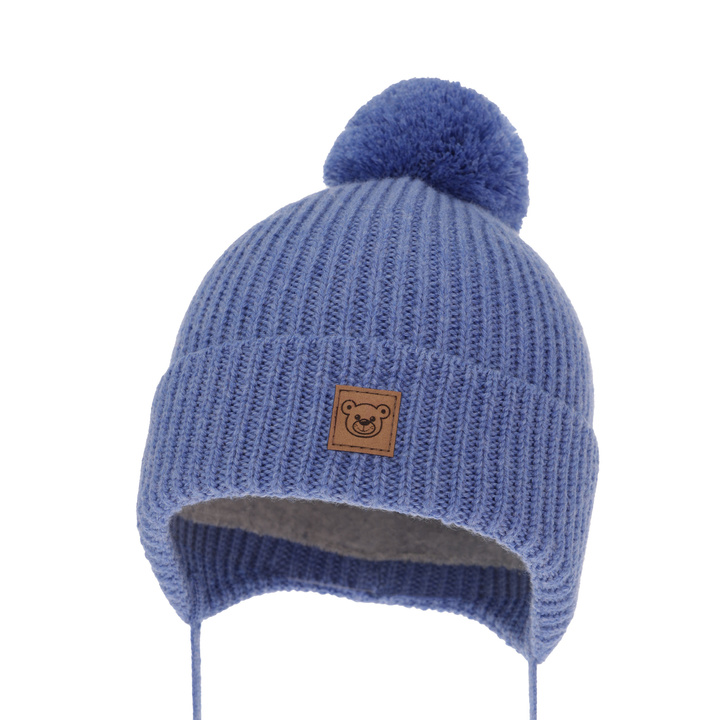 Jongens wintermuts, blauw, 100% Merino Wol, gevoerd met wolvilt, met bindkoorden, Tacco
