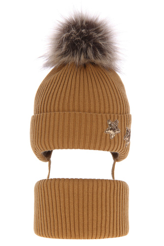 Meisjes winter set muts en buissjaal, bruin, met bindkoorden, Delicja