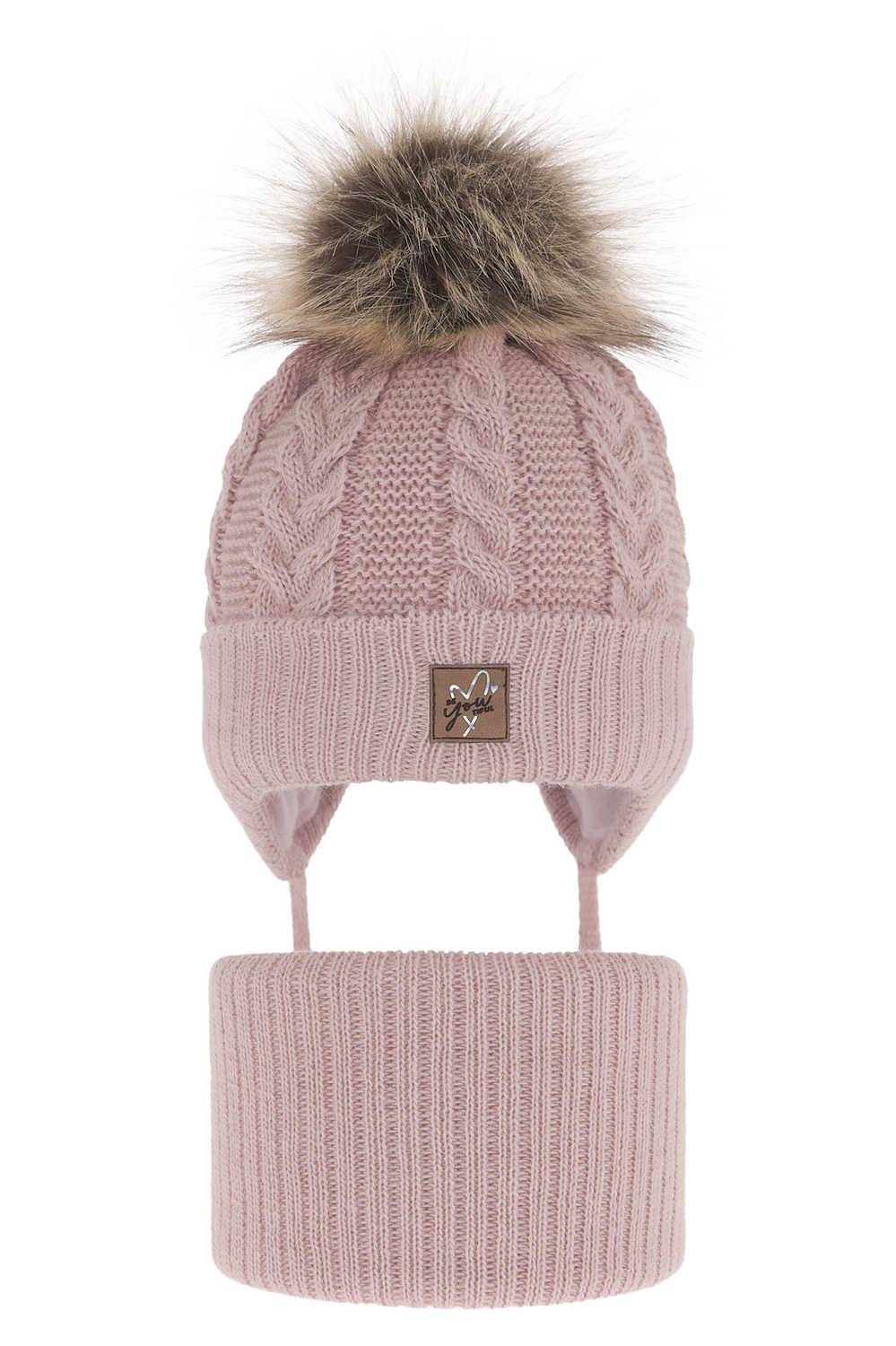 Meisjes winter set, roze, met bindkoorden, met garen pompon, Finess