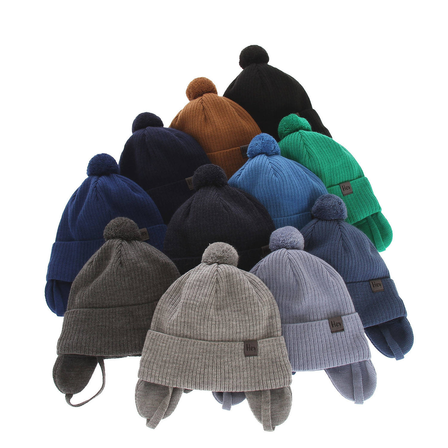 Jongens herfst/lente muts, lichtblauw, met garen pompon, met bindkoorden, Axel