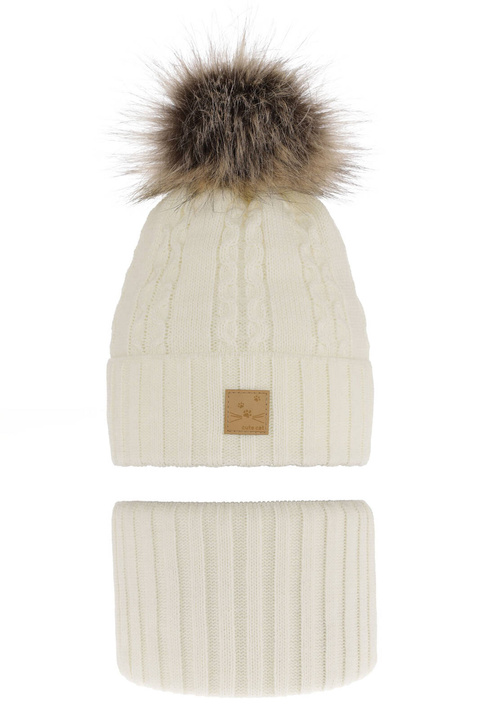 Meisjes winter set muts en buissjaal, kremowy, met garen pompon, Alexia