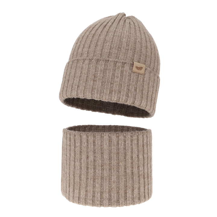 Meisjes winter set muts en buissjaal, beige, met merinowol, Karmina