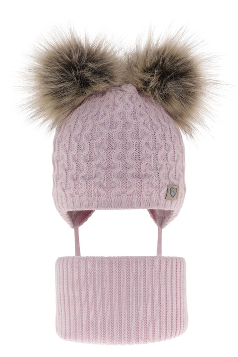 Meisjes winter set muts en buissjaal, lila, met twee pompons, met bindkoorden, Poliana