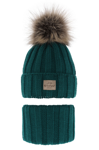 Meisjes winter set muts en buissjaal, smaragd, met garen pompon, Kaliope