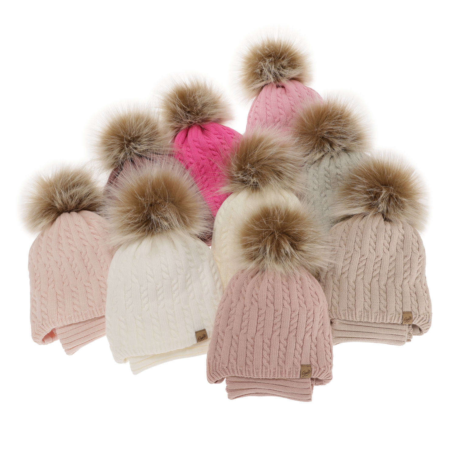Meisjes winter set muts en buissjaal, roze, met garen pompon, Loreley