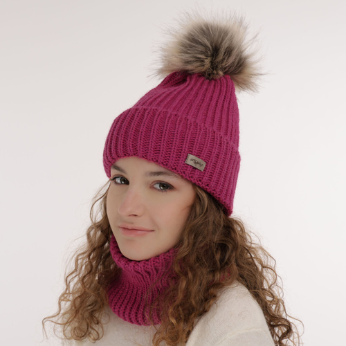 Meisjes winter set muts en buissjaal, zwart, met garen pompon, Willow