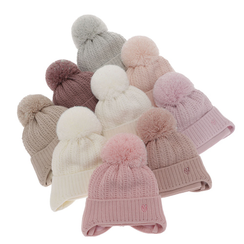 Meisjes winter set muts en sjaal, paars, met bindkoorden, met garen pompon, Marisa