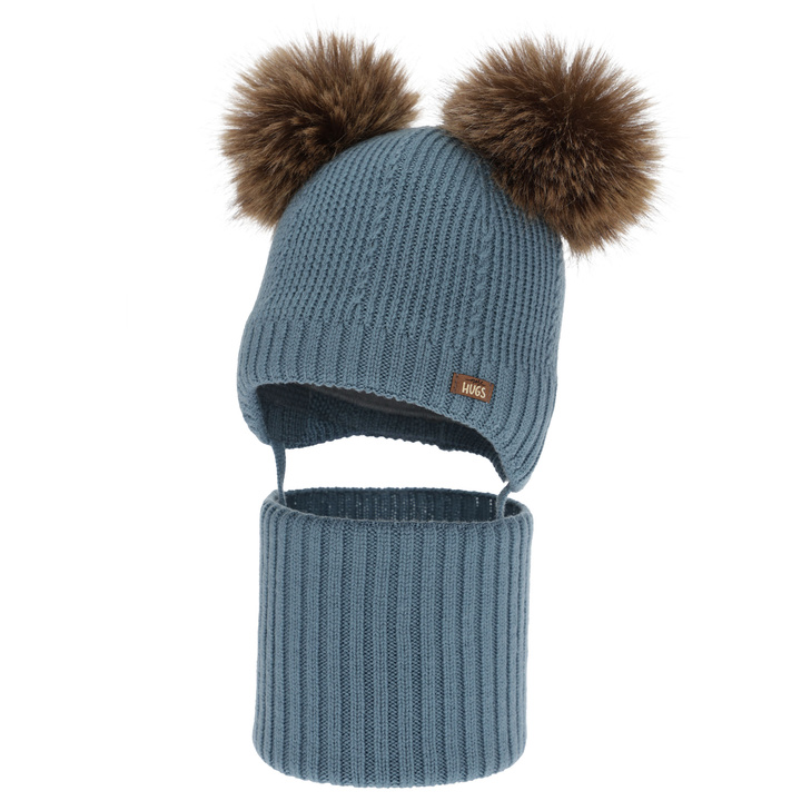 Poikien pipo ja kauluri, talvi setti, sininen, 100% merinovillaa, vuorattu villafleeceellä, Lumio