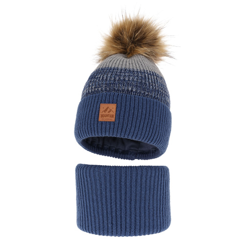 Jongens winter set muts en sjaal, blauw, met garen pompon, Buffalo