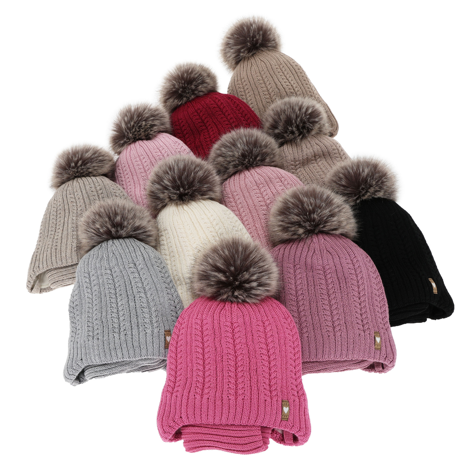 Meisjes winter set muts en buissjaal, roze, met merinowol, met garen pompon, met bindkoorden, Muanda
