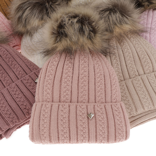 Meisjes winter set muts en buissjaal, roze, met garen pompon, Wirginia